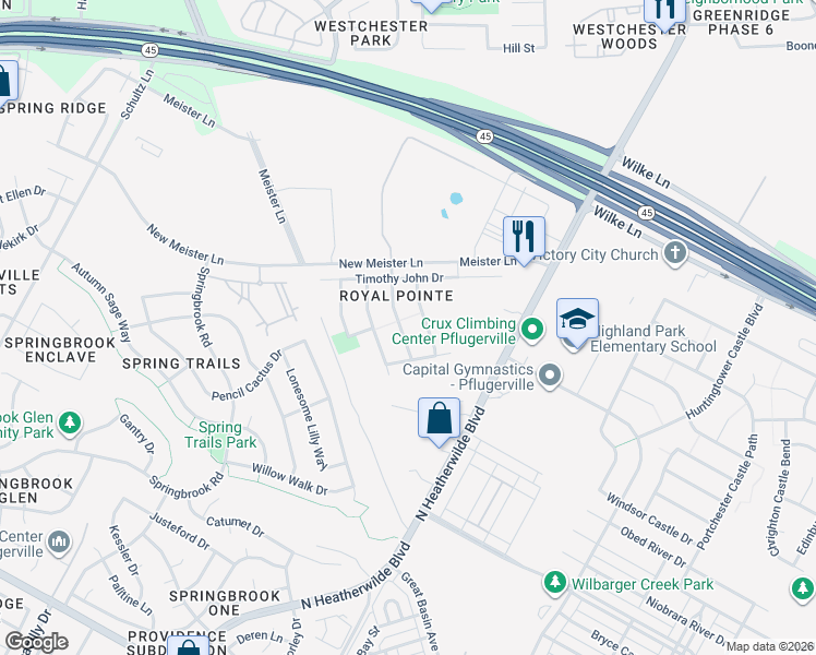 map of restaurants, bars, coffee shops, grocery stores, and more near 18616 Royal Pointe Drive in Pflugerville