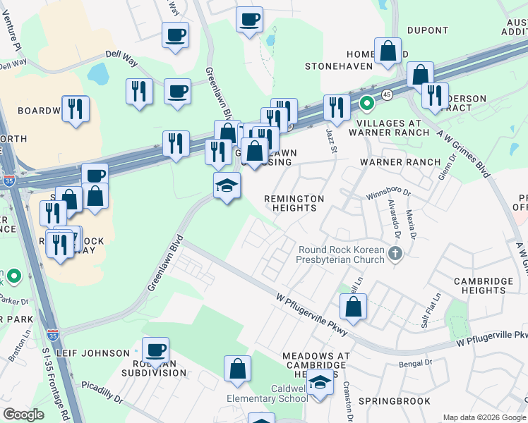 map of restaurants, bars, coffee shops, grocery stores, and more near 1408 Thibodeaux Drive in Round Rock