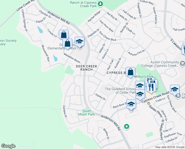 map of restaurants, bars, coffee shops, grocery stores, and more near 2403 Kimra Lane in Cedar Park