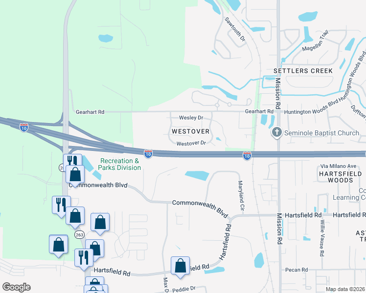 map of restaurants, bars, coffee shops, grocery stores, and more near 4497 Westover Drive in Tallahassee