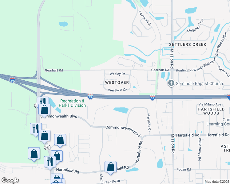 map of restaurants, bars, coffee shops, grocery stores, and more near 4489 Westover Drive in Tallahassee
