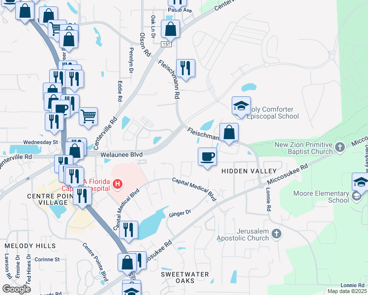 map of restaurants, bars, coffee shops, grocery stores, and more near 2110 Fleischmann Road in Tallahassee