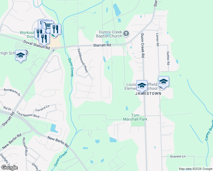 map of restaurants, bars, coffee shops, grocery stores, and more near 13250 Avery Park Lane in Jacksonville