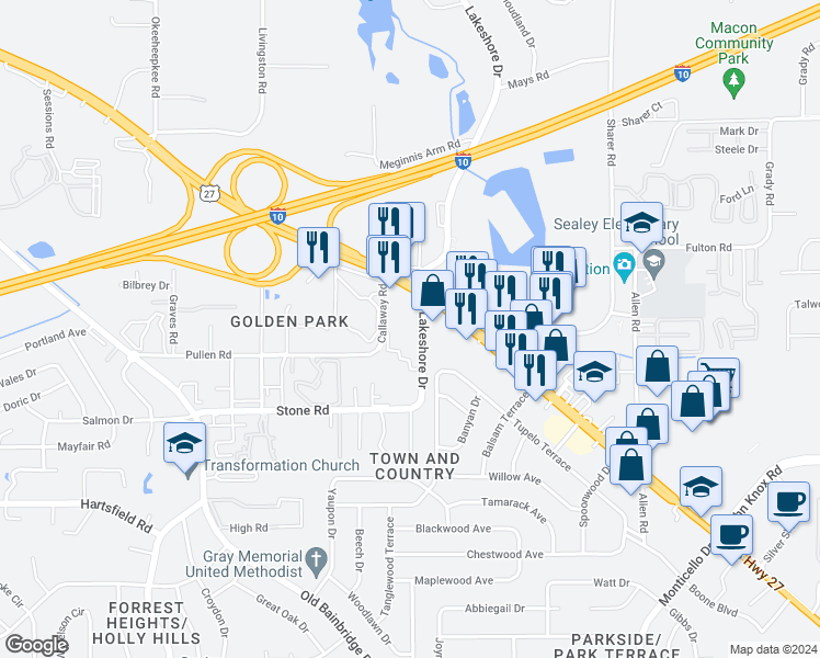 map of restaurants, bars, coffee shops, grocery stores, and more near 2516 Lakeshore Drive in Tallahassee
