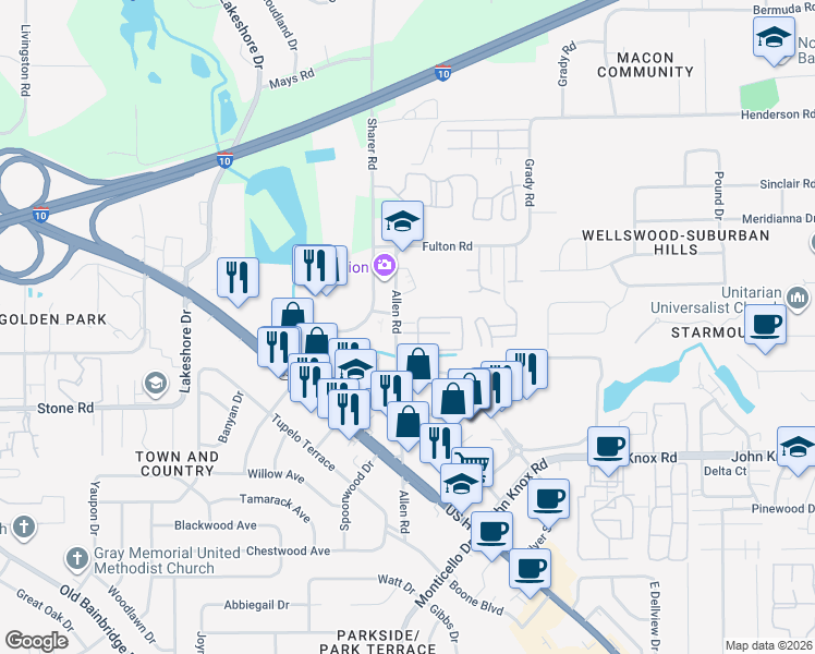 map of restaurants, bars, coffee shops, grocery stores, and more near 611 Acorn Grove Court in Tallahassee