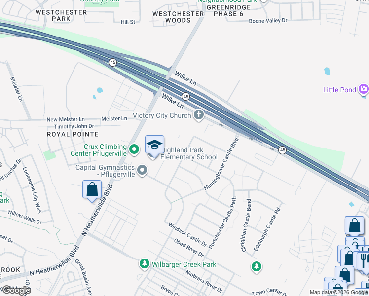 map of restaurants, bars, coffee shops, grocery stores, and more near 18916 Alnwick Castle Drive in Pflugerville