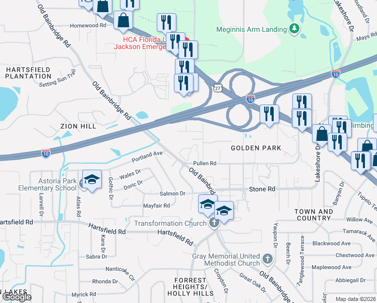map of restaurants, bars, coffee shops, grocery stores, and more near 1600 Pullen Road in Tallahassee