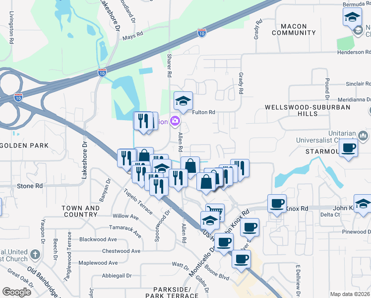 map of restaurants, bars, coffee shops, grocery stores, and more near 2709 Allen Road in Tallahassee
