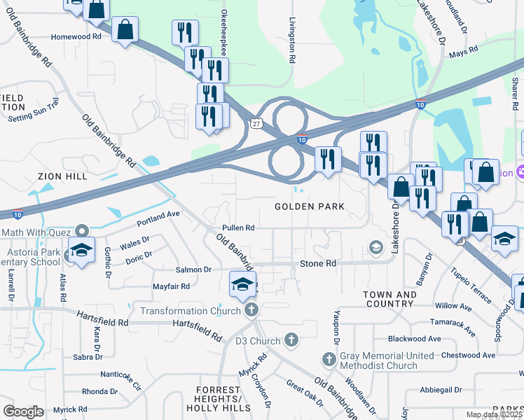 map of restaurants, bars, coffee shops, grocery stores, and more near 1520 Pullen Road in Tallahassee
