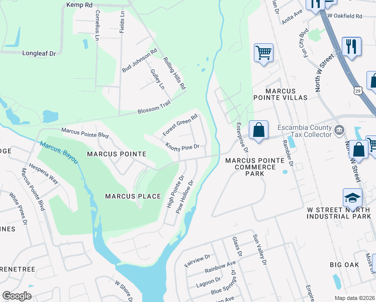 map of restaurants, bars, coffee shops, grocery stores, and more near 3017 Knotty Pine Drive in Pensacola