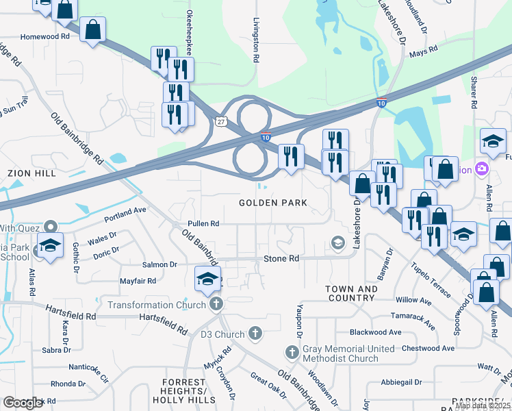 map of restaurants, bars, coffee shops, grocery stores, and more near 2511 Fred Smith Road in Tallahassee