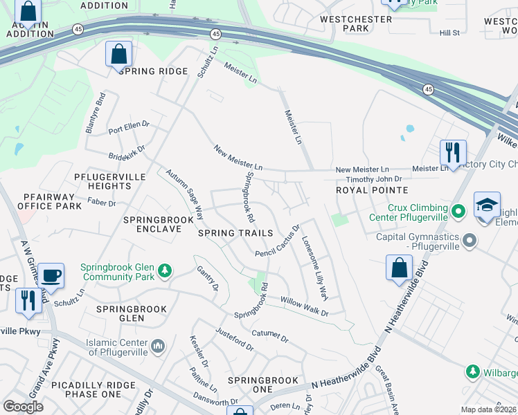 map of restaurants, bars, coffee shops, grocery stores, and more near 313 Springbrook Road in Pflugerville