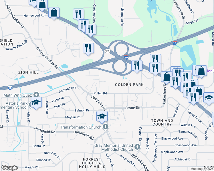 map of restaurants, bars, coffee shops, grocery stores, and more near 1520 Pullen Road in Tallahassee