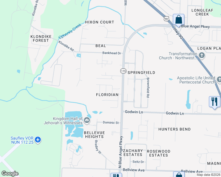 map of restaurants, bars, coffee shops, grocery stores, and more near 6501 Tampa Drive in Pensacola