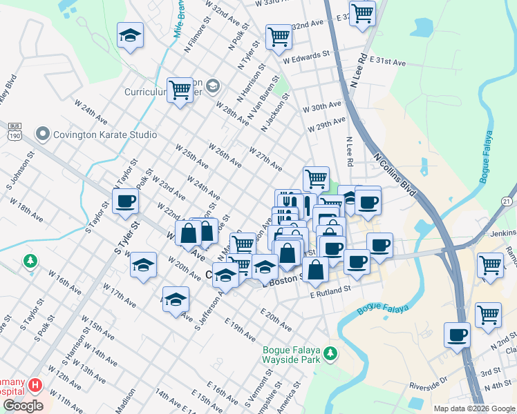 map of restaurants, bars, coffee shops, grocery stores, and more near 404 North Jefferson Avenue in Covington