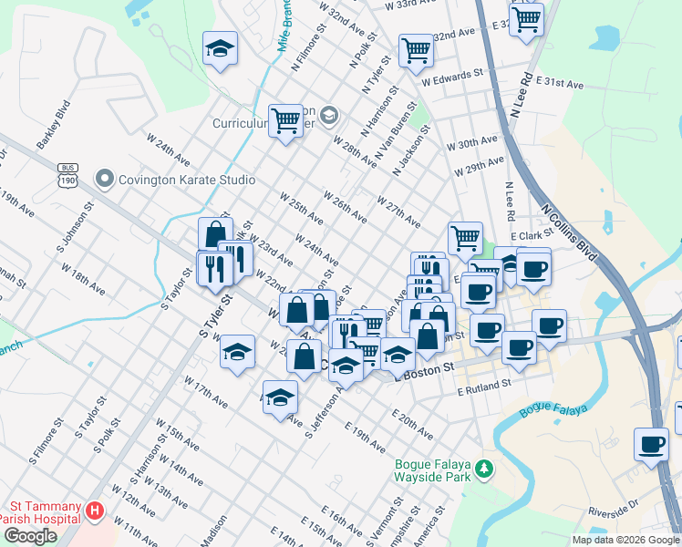 map of restaurants, bars, coffee shops, grocery stores, and more near 321 West 23rd Avenue in Covington