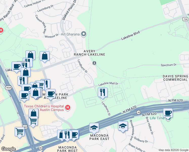 map of restaurants, bars, coffee shops, grocery stores, and more near 13621 Lyndhurst Street in Austin