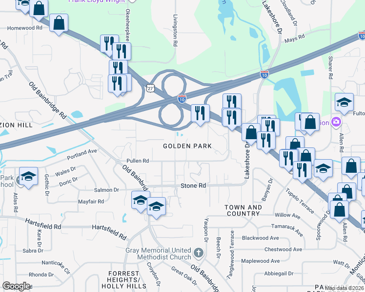 map of restaurants, bars, coffee shops, grocery stores, and more near 2511 Fred Smith Road in Tallahassee