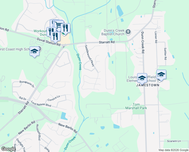 map of restaurants, bars, coffee shops, grocery stores, and more near 1096 Gallant Fox Circle West in Jacksonville