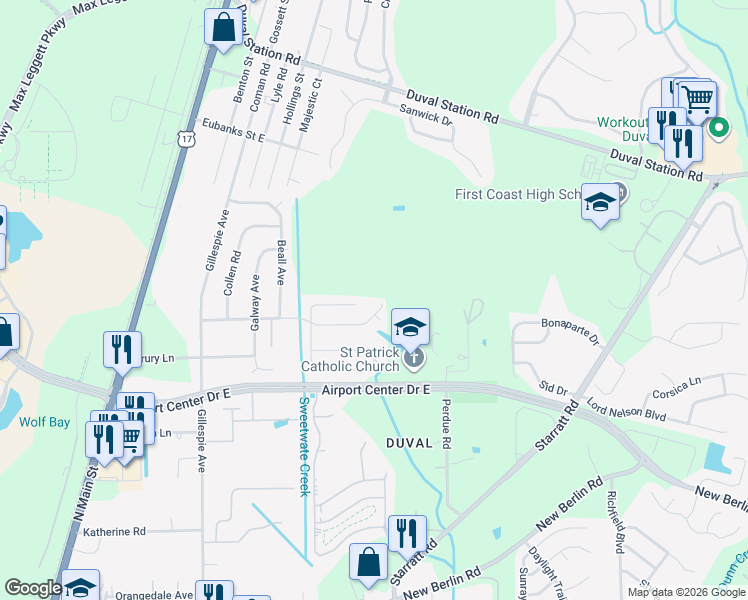 map of restaurants, bars, coffee shops, grocery stores, and more near 501 Tidal Wave Lane in Jacksonville