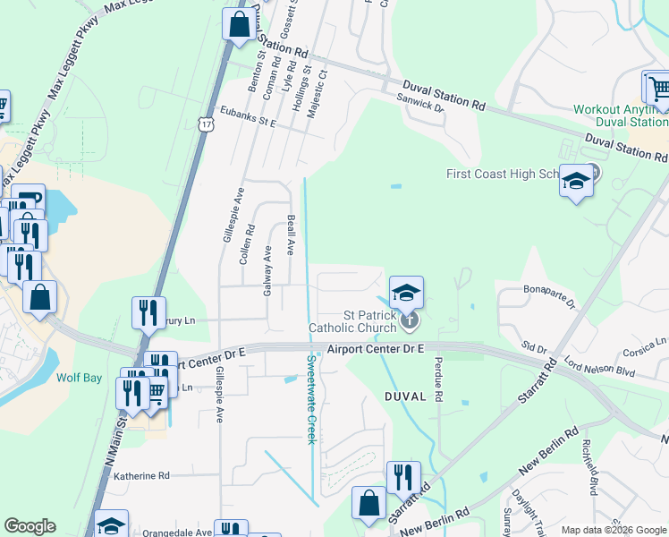 map of restaurants, bars, coffee shops, grocery stores, and more near 413 Shamrock Avenue South in Jacksonville