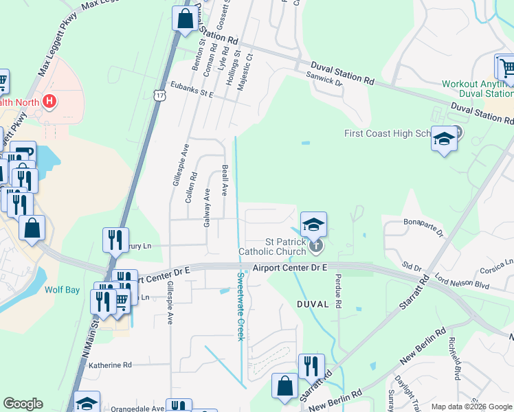 map of restaurants, bars, coffee shops, grocery stores, and more near 413 Shamrock Avenue South in Jacksonville