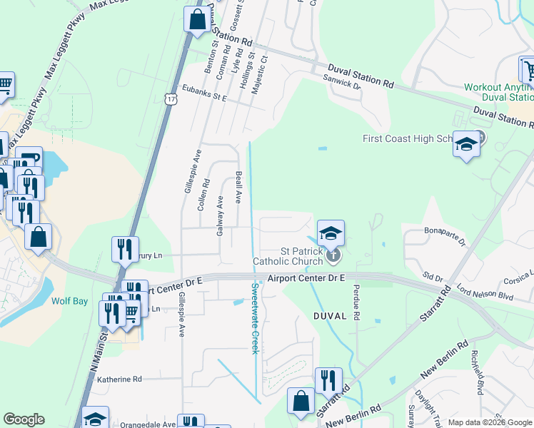 map of restaurants, bars, coffee shops, grocery stores, and more near 413 Shamrock Avenue South in Jacksonville