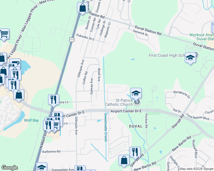 map of restaurants, bars, coffee shops, grocery stores, and more near 413 Shamrock Avenue South in Jacksonville