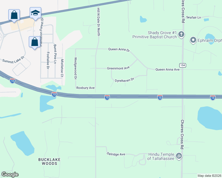 map of restaurants, bars, coffee shops, grocery stores, and more near 2043 Dyrehaven Court in Tallahassee