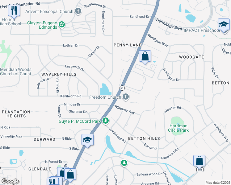 map of restaurants, bars, coffee shops, grocery stores, and more near 1234 Waverly Road in Tallahassee