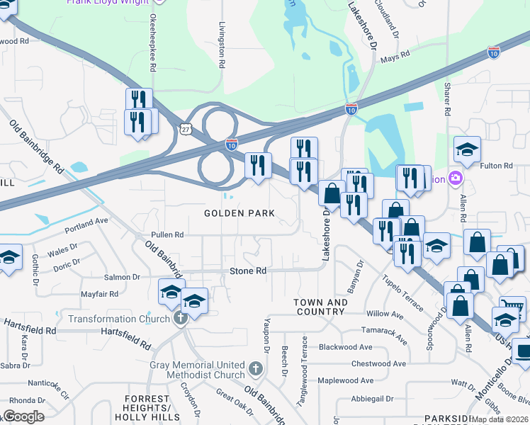 map of restaurants, bars, coffee shops, grocery stores, and more near 1401 Golden Park Court in Tallahassee