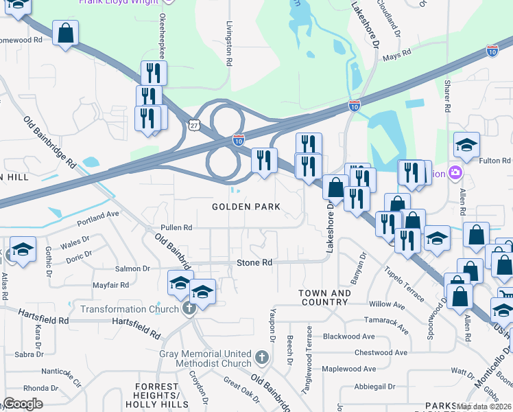 map of restaurants, bars, coffee shops, grocery stores, and more near 2513 Golden Park Lane in Tallahassee