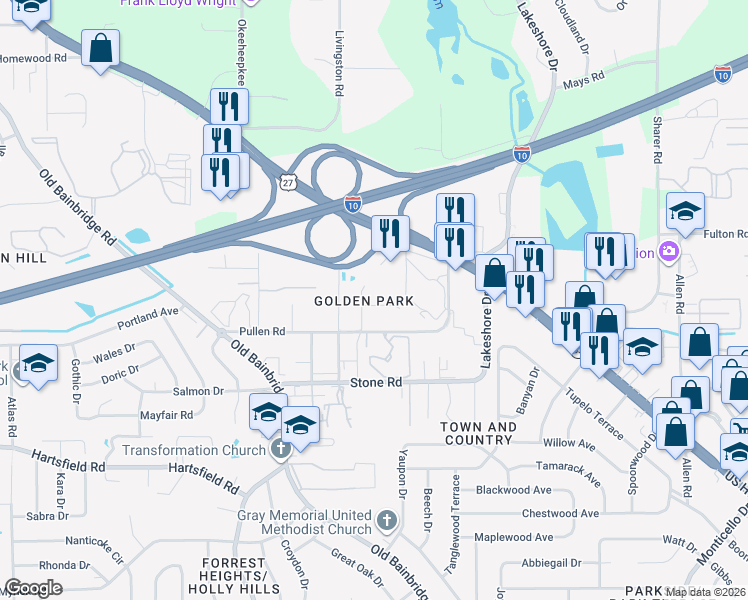 map of restaurants, bars, coffee shops, grocery stores, and more near 2513 Golden Park Lane in Tallahassee