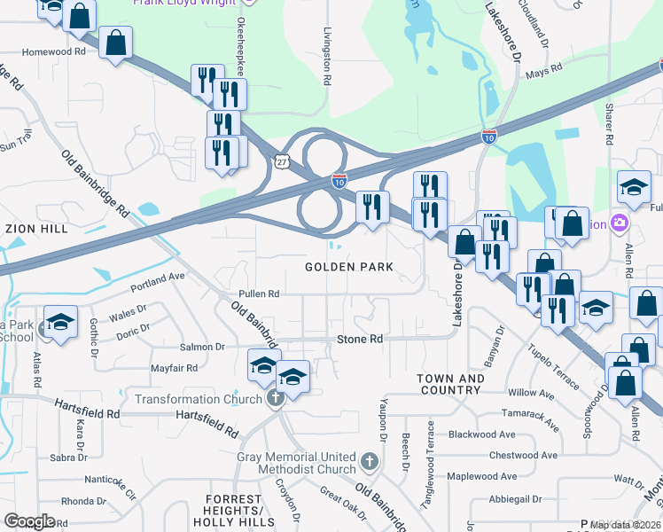 map of restaurants, bars, coffee shops, grocery stores, and more near 2511 Fred Smith Road in Tallahassee