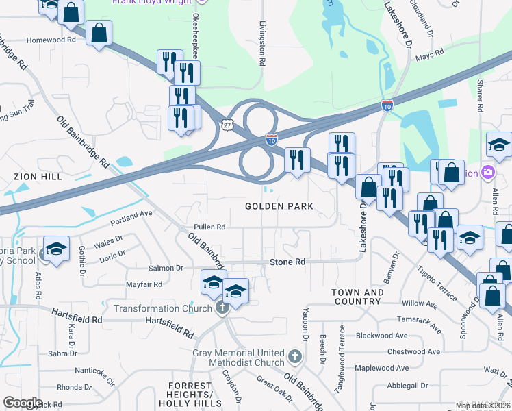 map of restaurants, bars, coffee shops, grocery stores, and more near 2511 Fred Smith Road in Tallahassee