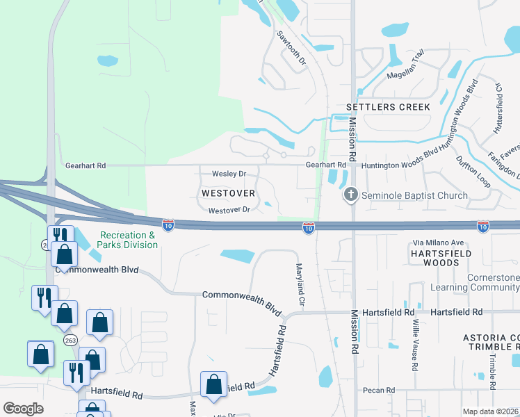 map of restaurants, bars, coffee shops, grocery stores, and more near 4453 Westover Drive in Tallahassee