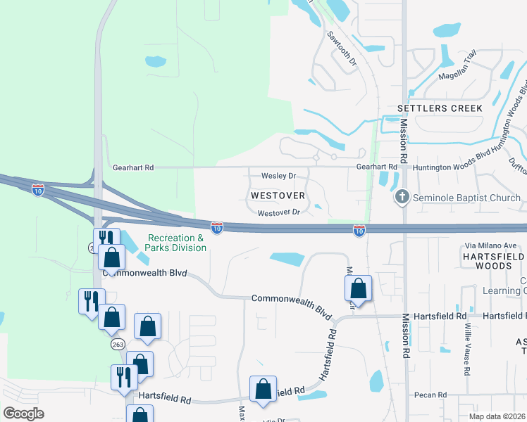 map of restaurants, bars, coffee shops, grocery stores, and more near 4489 Westover Drive in Tallahassee