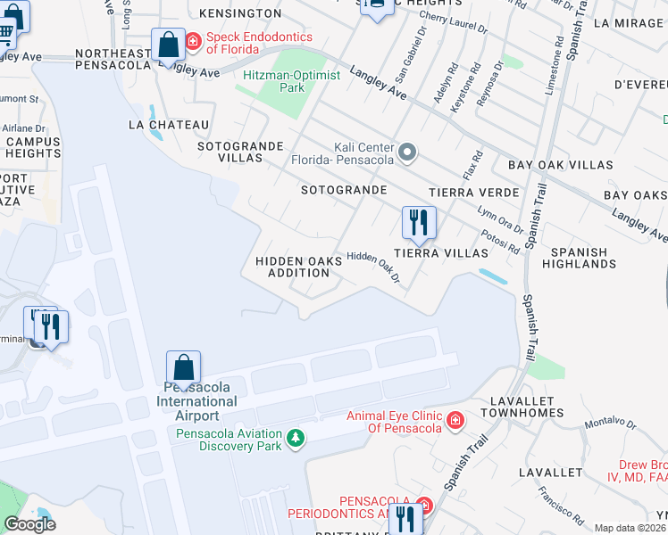 map of restaurants, bars, coffee shops, grocery stores, and more near 4041 Leesway Circle in Pensacola
