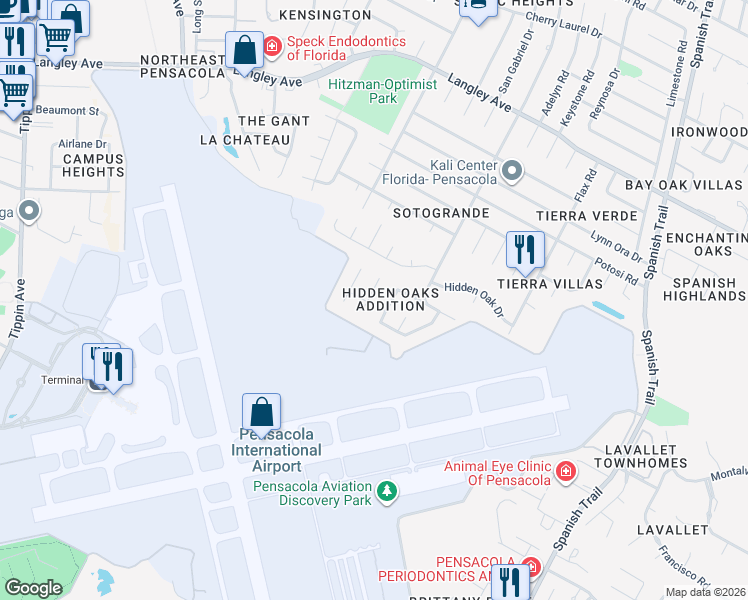 map of restaurants, bars, coffee shops, grocery stores, and more near 5050 Leesway Circle in Pensacola