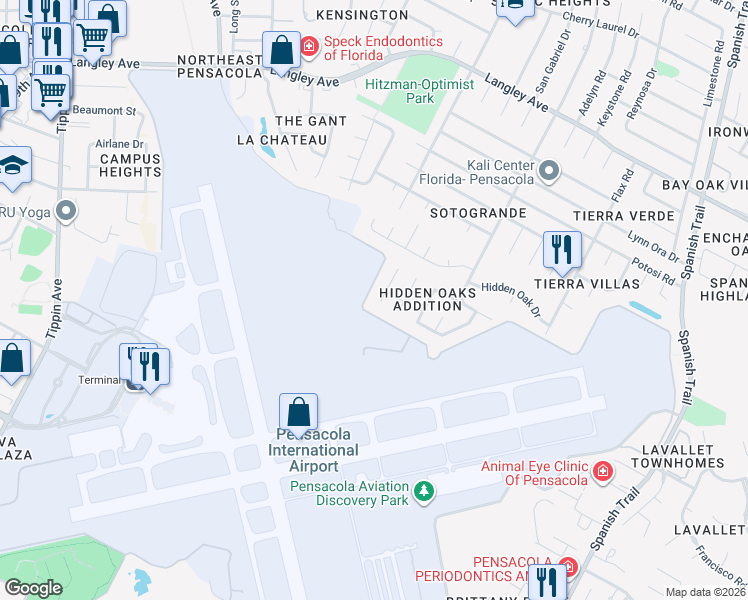 map of restaurants, bars, coffee shops, grocery stores, and more near 5041 Yesteroaks Circle in Pensacola