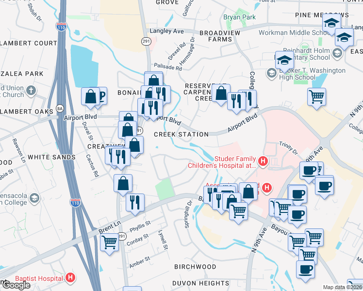 map of restaurants, bars, coffee shops, grocery stores, and more near 712 Valley Drive in Pensacola