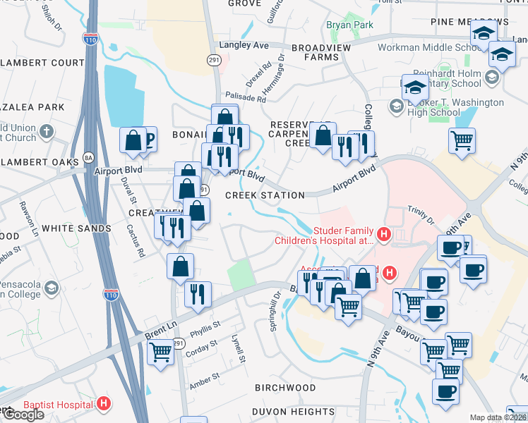 map of restaurants, bars, coffee shops, grocery stores, and more near 712 Valley Drive in Pensacola