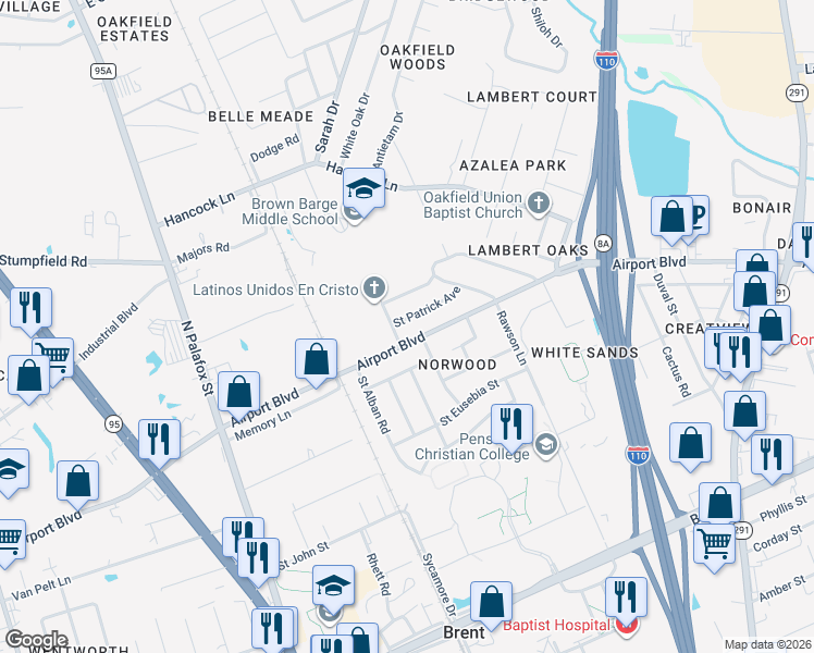 map of restaurants, bars, coffee shops, grocery stores, and more near 251 Airport Boulevard in Pensacola