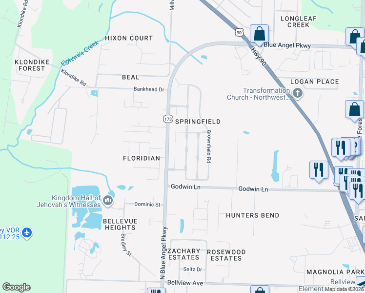 map of restaurants, bars, coffee shops, grocery stores, and more near 1116 Burnhill Circle in Pensacola