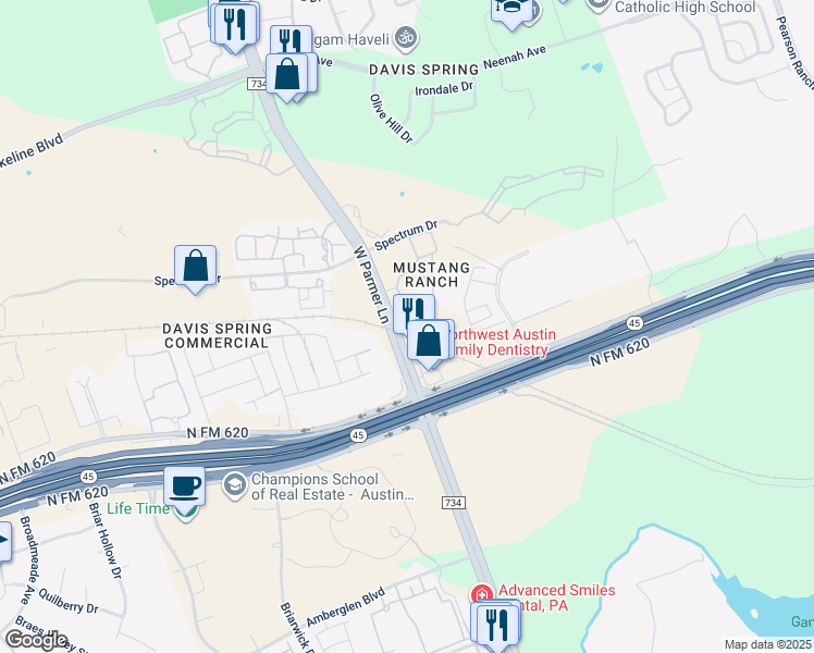 map of restaurants, bars, coffee shops, grocery stores, and more near 9226 West Parmer Lane in Austin