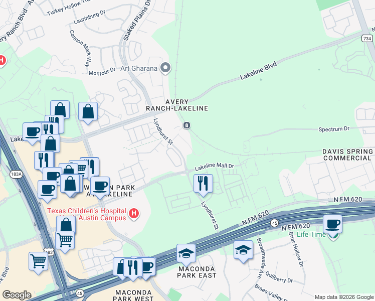 map of restaurants, bars, coffee shops, grocery stores, and more near 13621 Lyndhurst Street in Austin