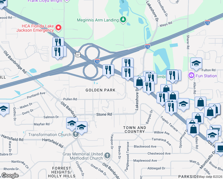 map of restaurants, bars, coffee shops, grocery stores, and more near 1401 Golden Park Court in Tallahassee