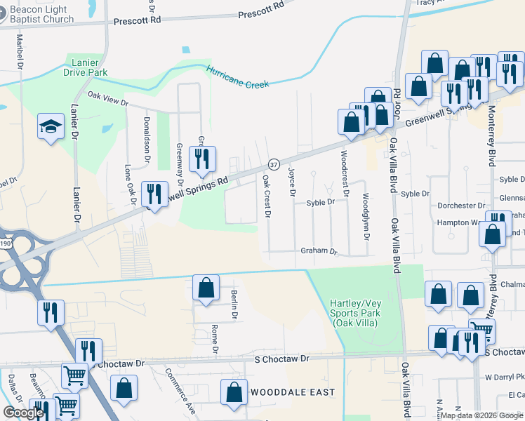map of restaurants, bars, coffee shops, grocery stores, and more near 3131 Oak Crest Drive in Baton Rouge