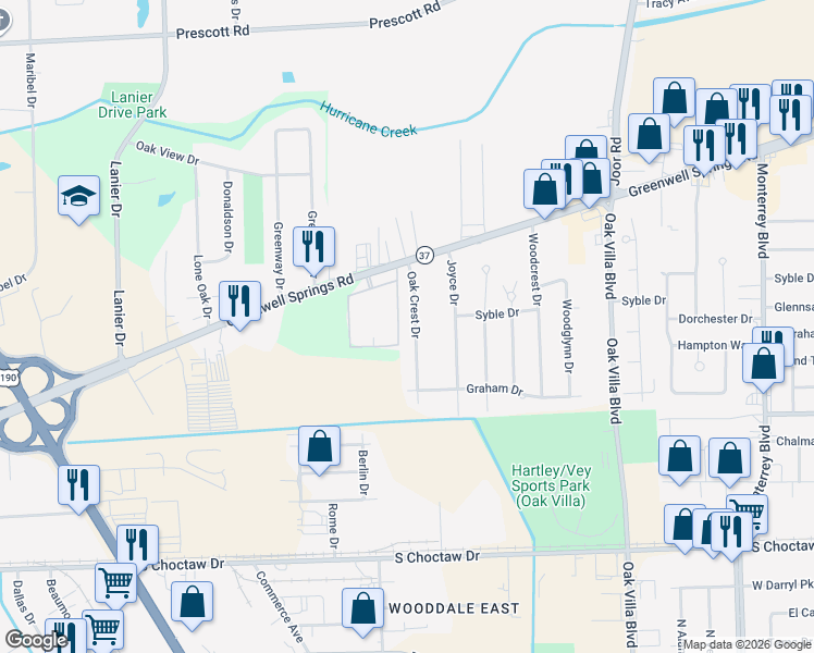 map of restaurants, bars, coffee shops, grocery stores, and more near 3175 Oakcrest Drive in Baton Rouge