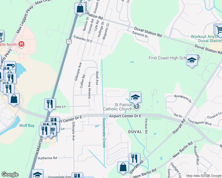 map of restaurants, bars, coffee shops, grocery stores, and more near 413 Shamrock Avenue South in Jacksonville